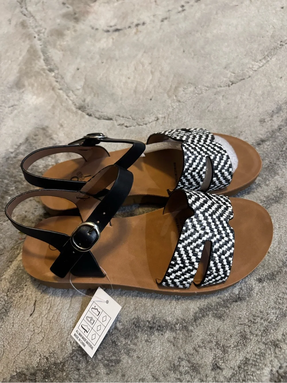 Yoki Black & White Woven Front Strap Sandals with Black Ankle Buckle